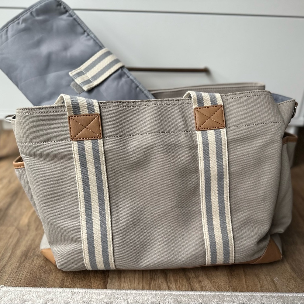 Pottery Barn Kids Gray and Tan Diaper Bag with Leather Accents
